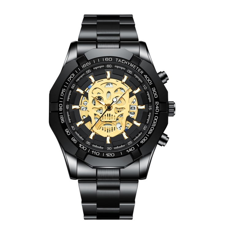 BINBOND S034 30M Waterproof Quartz Watch Skull Skeleton Luminous Watch(Black Steel Black Gold Nail)