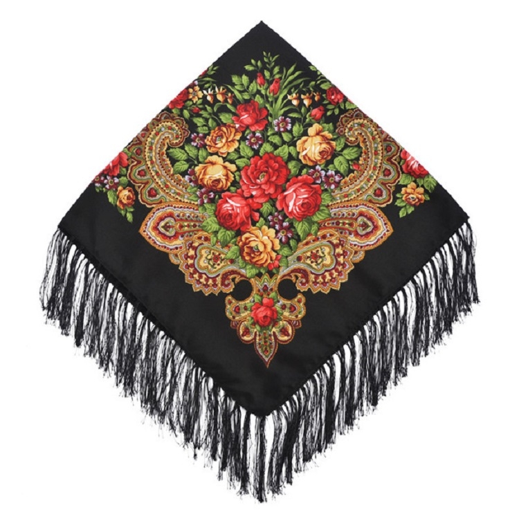 Black Ethnic Style Retro Tassel Square Scarf Flower Pattern Headscarf Scarf, Size:90 x 90cm