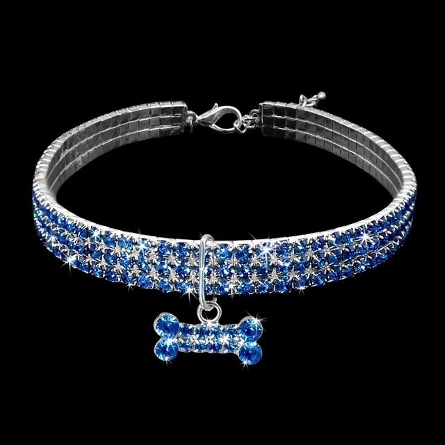 Bling Rhinestone Dog Collar Crystal Puppy Chihuahua Pet Dog Collars Leash For Small Dogs Mascotas Accessories, Size:L (Blue)