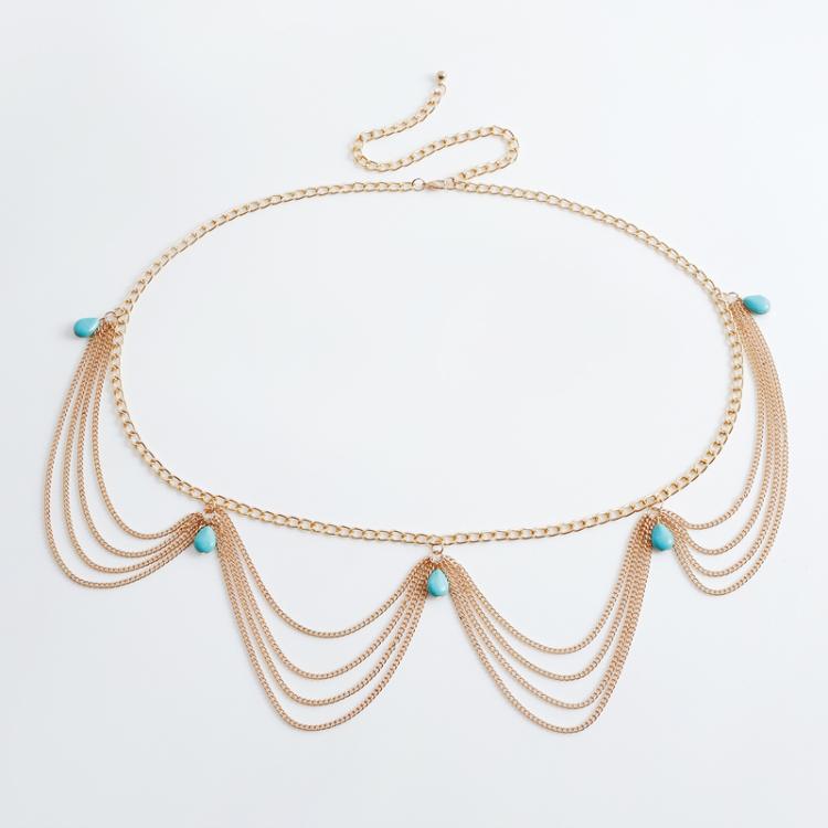 Bohemian Retro Turquoise Pendant Sexy Waist Chain Female Trendy Versatile Belt Chain Jewelry(Gold)
