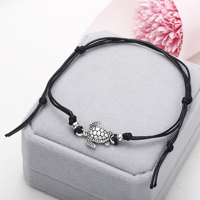 Boho Anklet Wax String Sea Turtle Lacing Foot Jewelry Beads Bracelet for Women(black)