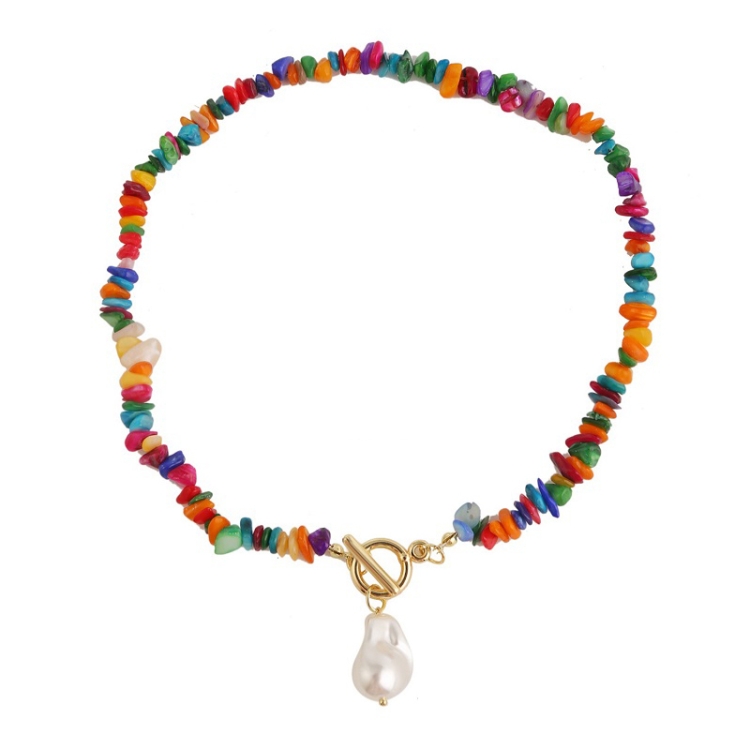 Boho Colorful Broken Natural Stone Necklace, Model: N2105-9 Color Stone Pearl Pendant