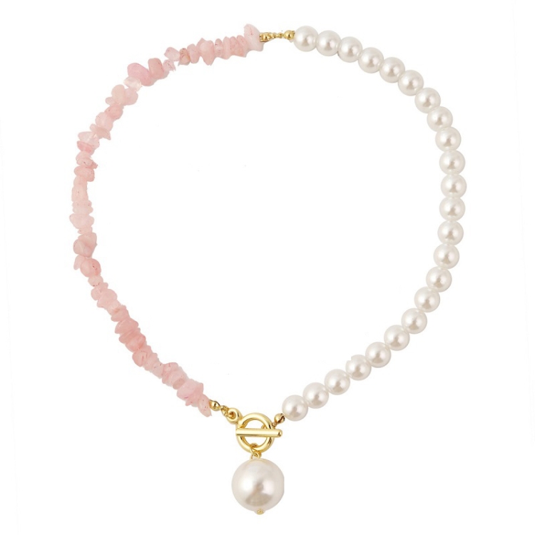 Boho Colorful Broken Natural Stone Necklace, Model: N2106-23 Pink Stone Single Chain