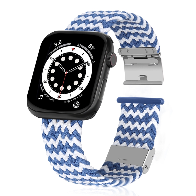 Braided + Stainless Steel Watch Band For Apple Watch Series 7 45mm / 6 & SE & 5 & 4 44mm / 3 & 2 & 1 42mm(Horizontal Blue White)