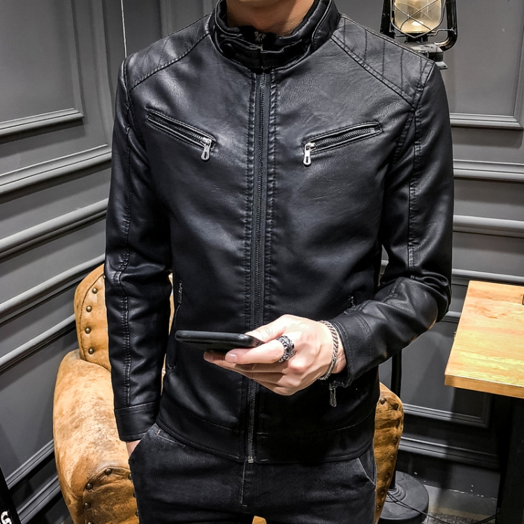 BS Autumn And Winter Man Leather Jacket Motorcycle Coat, Size:2XL(Regular Black)