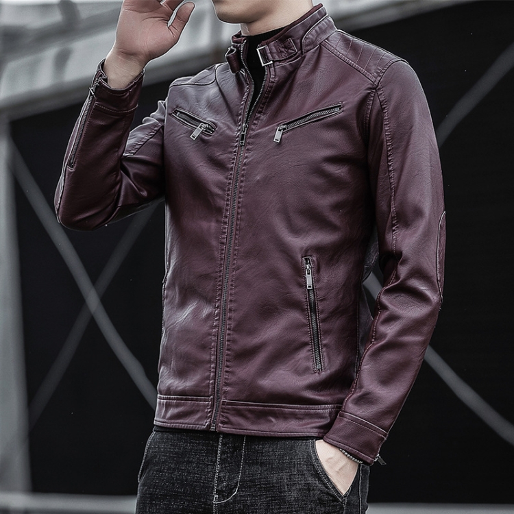 BS Autumn And Winter Man Leather Jacket Motorcycle Coat, Size:2XL(Regular Maroon)