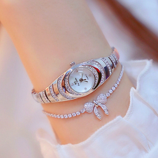 BS Bee Sister FA1540 Ladies Oval Small Chain Watch with Diamonds(Silver)