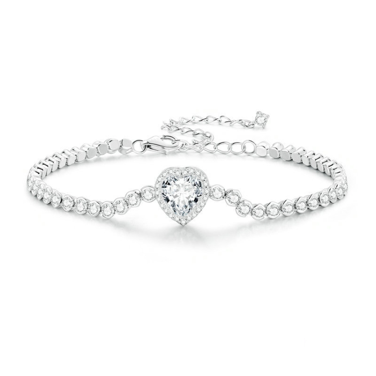 BSB098 S925 Sterling Silver Sparkling White Gold Plated Heart Zirconia Bracelet