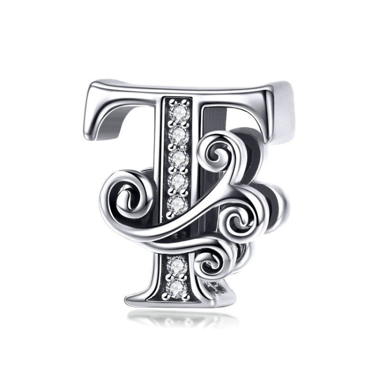 BSC030 26 Letters DIY Bracelet Beaded Accessories Zircon Silver Beads, Style: T