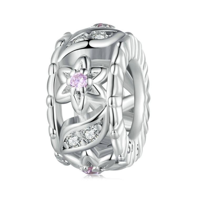 BSC741 S925 Sterling Silver Plated White Gold Zircon Flower Hollow Pattern Bracelet Beads