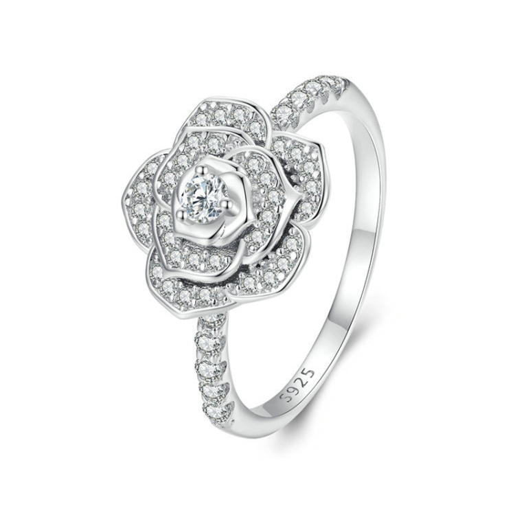 BSR449-8 S925 Sterling Silver White Gold Plated Zircon Rose Ring Hand Decoration
