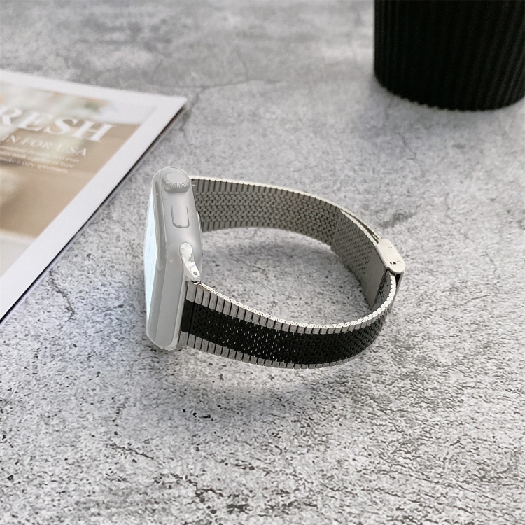 Buckle Style Steel Watch Band For Apple Watch Series 9&8&7 41mm / SE 3&SE 2&6&SE&5&4 40mm / 3&2&1 38mm(Silver Black)
