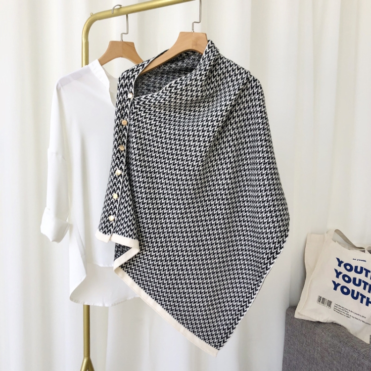 Button Striped Scarf Dual-Use Autumn & Winter Thickened Warmth Imitation Cashmere Shawl(Wave-Black)