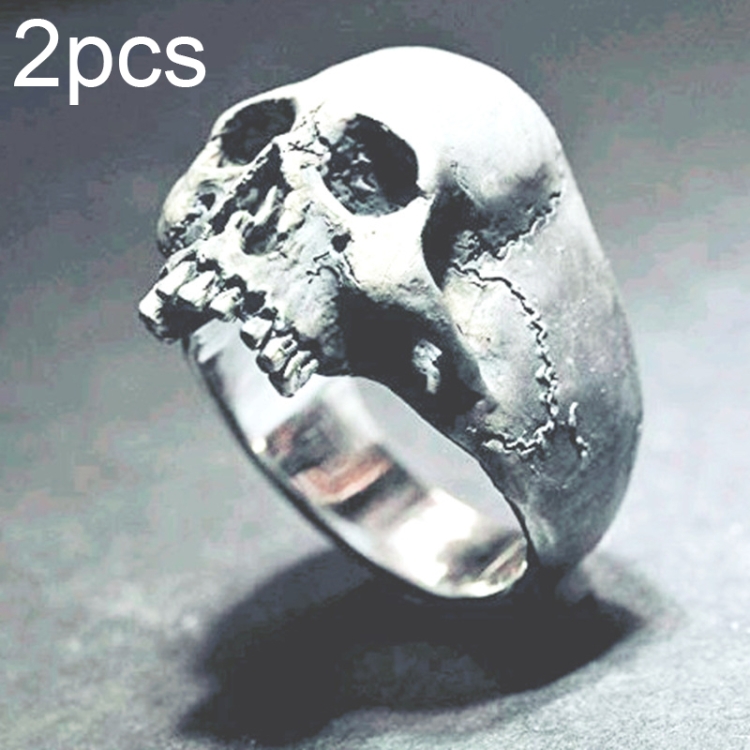 C56213 2pcs Punk Vintage Skull Ring Horror Skull Ring Men Gift, Size: 13(Silver)