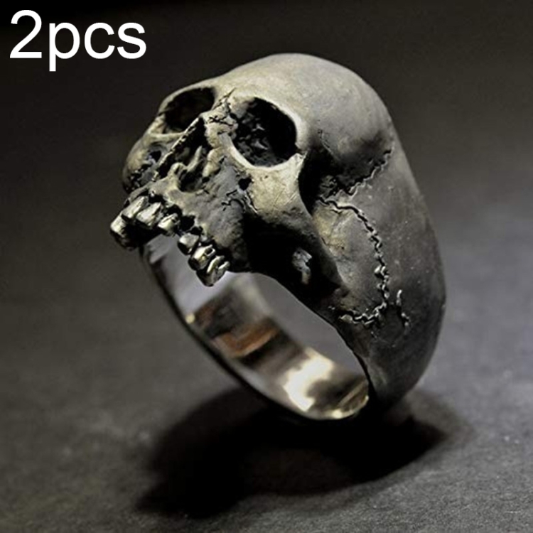 C56213 2pcs Punk Vintage Skull Ring Horror Skull Ring Men Gift, Size: 14(Tin-color)