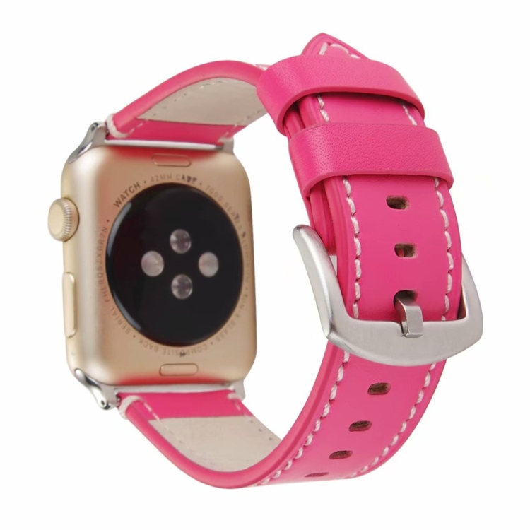 Calfskin Genuine Leather Watch Band For Apple Watch Series 7 45mm / 6 & SE & 5 & 4 44mm / 3 & 2 & 1 42mm(Rose Red)