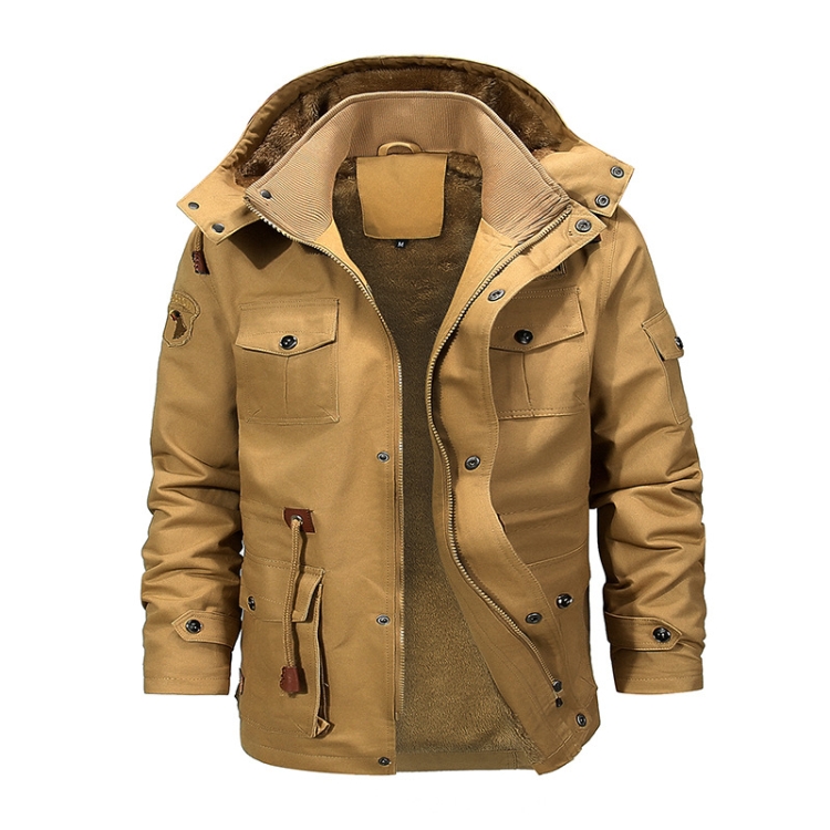 Casual Belt Zipper Thickened Side Seam Pocket Windbreaker, Size: L(Khaki)