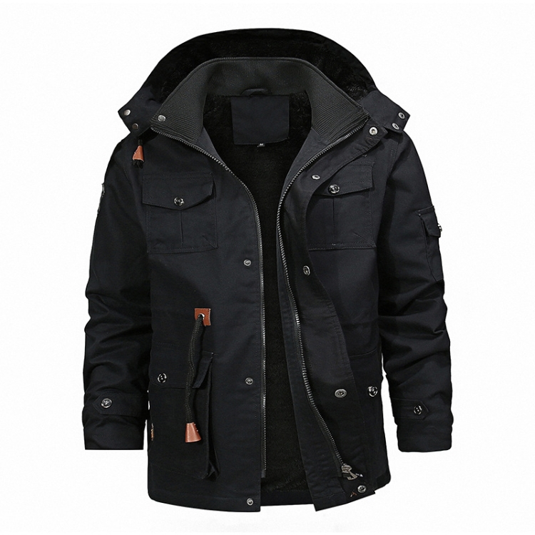 Casual Belt Zipper Thickened Side Seam Pocket Windbreaker, Size: XL(Black)