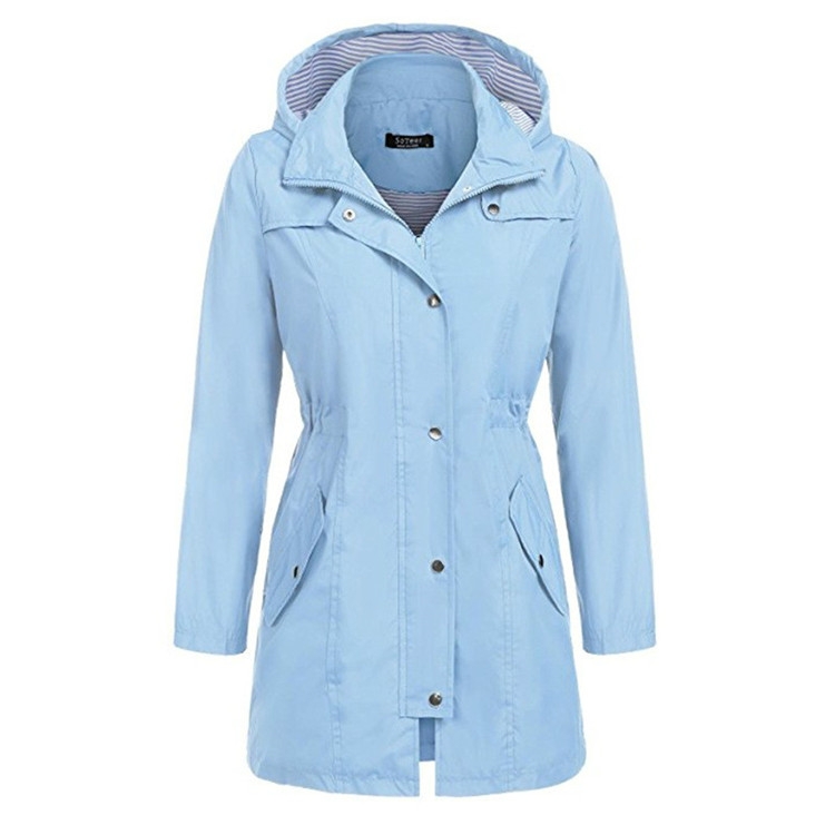 Casual Women Waterproof Waist Hooded Long Coat, Size:XL (Sky Blue)