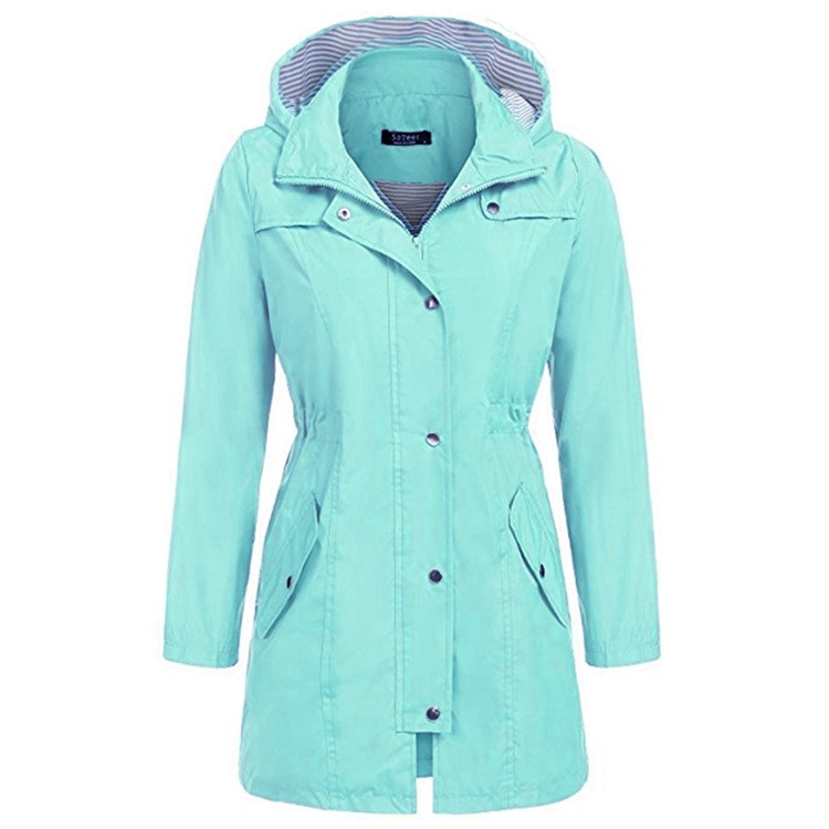 Casual Women Waterproof Waist Hooded Long Coat, Size:XL (Water Blue)