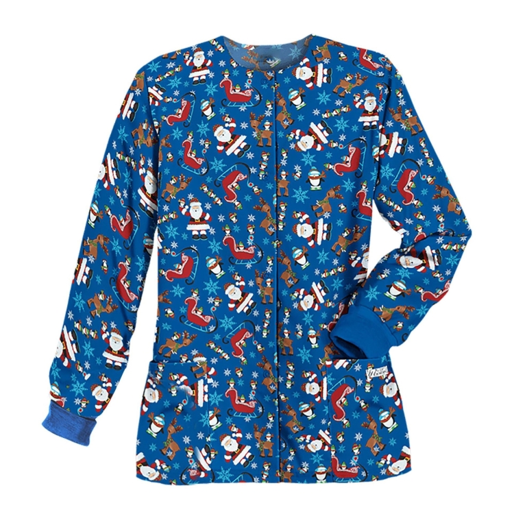 Christmas Long-sleeved Stand-up Collar Single-breasted Printed Protective Work Clothes (Color:Dark Blue Size:XXXL)
