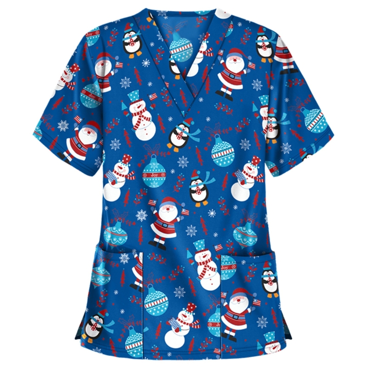 Christmas Print Short-sleeved Pocket T-shirt Nurse Uniform (Color:1 Size:S)