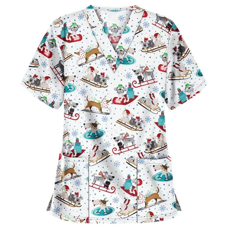 Christmas Print Short-sleeved Pocket T-shirt Nurse Uniform (Color:2 Size:L)