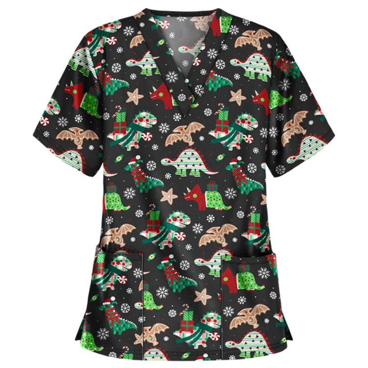 Christmas Print Short-sleeved Pocket T-shirt Nurse Uniform (Color:3 Size:XXL)