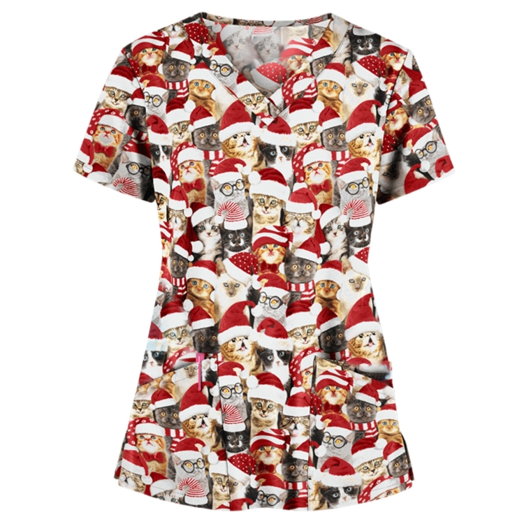 Christmas Print Short-sleeved Pocket T-shirt Nurse Uniform (Color:4 Size:L)