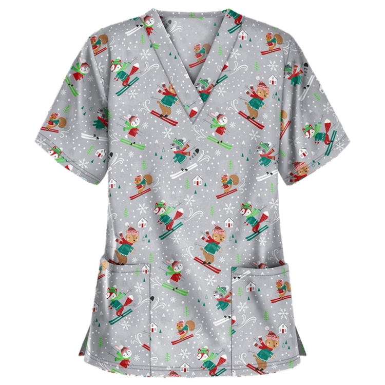 Christmas Print Short-sleeved Pocket T-shirt Nurse Uniform (Color:5 Size:XXL)