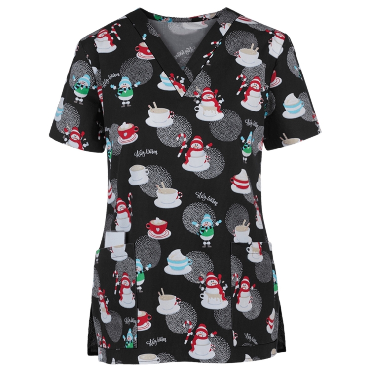 Christmas Print Short-sleeved Pocket T-shirt Nurse Uniform (Color:6 Size:XL)