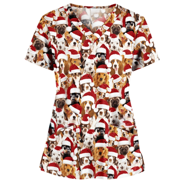 Christmas Print Short-sleeved Pocket T-shirt Nurse Uniform (Color:7 Size:M)