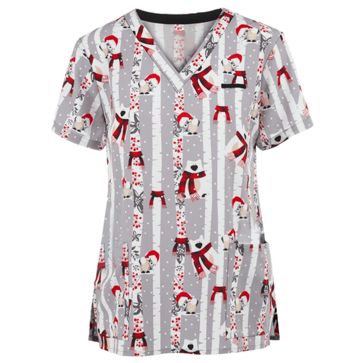 Christmas Print Short-sleeved Pocket T-shirt Nurse Uniform (Color:9 Size:XXXL)