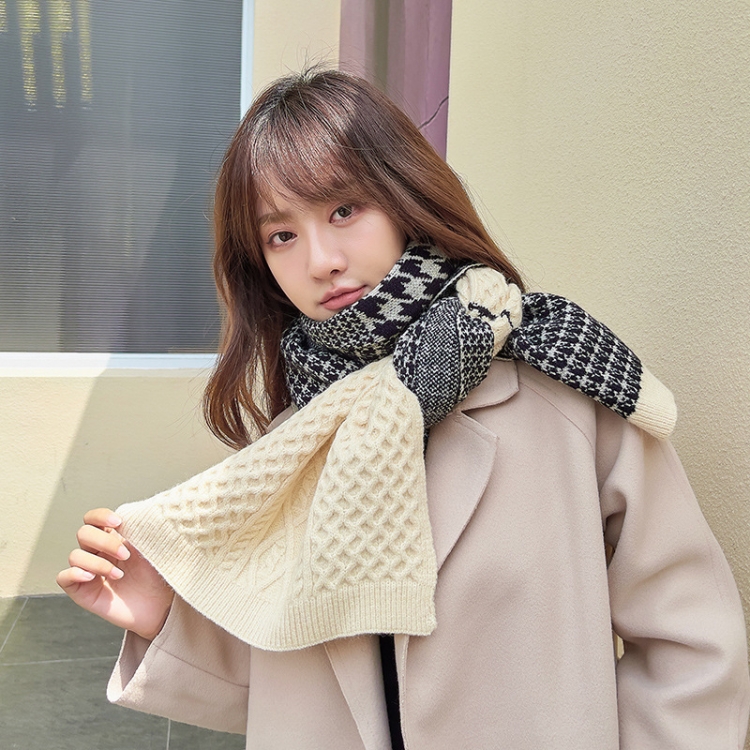 Classic Houndstooth Color Matching Scarf Women Autumn And Winter All-Match Warm Knitted Bib, Length (cm): 190cm(Beige)