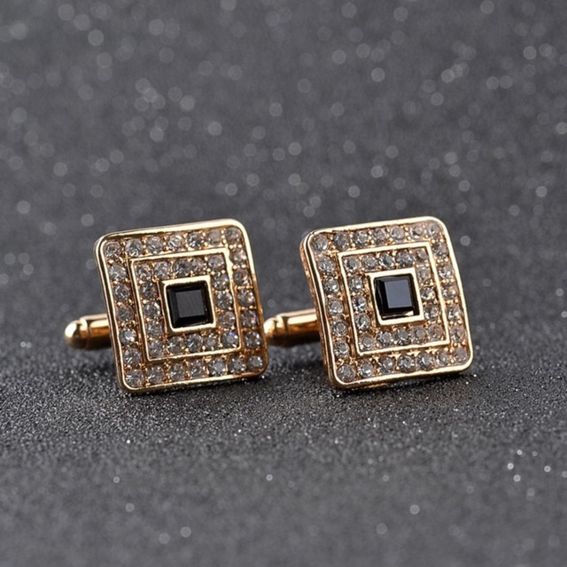 Classic Luxury Rhinestone Crystal Square Custom Enamel Men Cufflink Male French Shirt Cuff links Wedding(Light Yellow Gold Color)