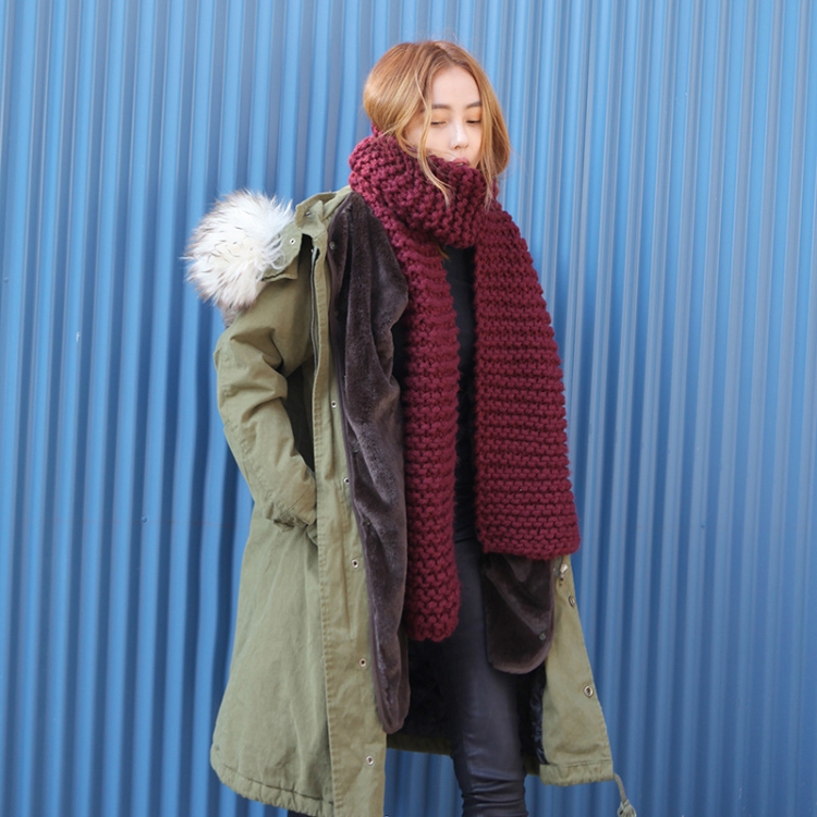 Coarse Wool Knitted Warm Scarf Women Winter Thick Solid Color Scarf, Length: 190cm(Red Wine)