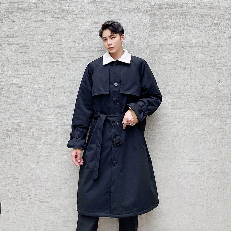 Coat Lamb Hair Lining Mid-length Pie Overcoming Thick Windbreaker (Color:Black Size:XL)