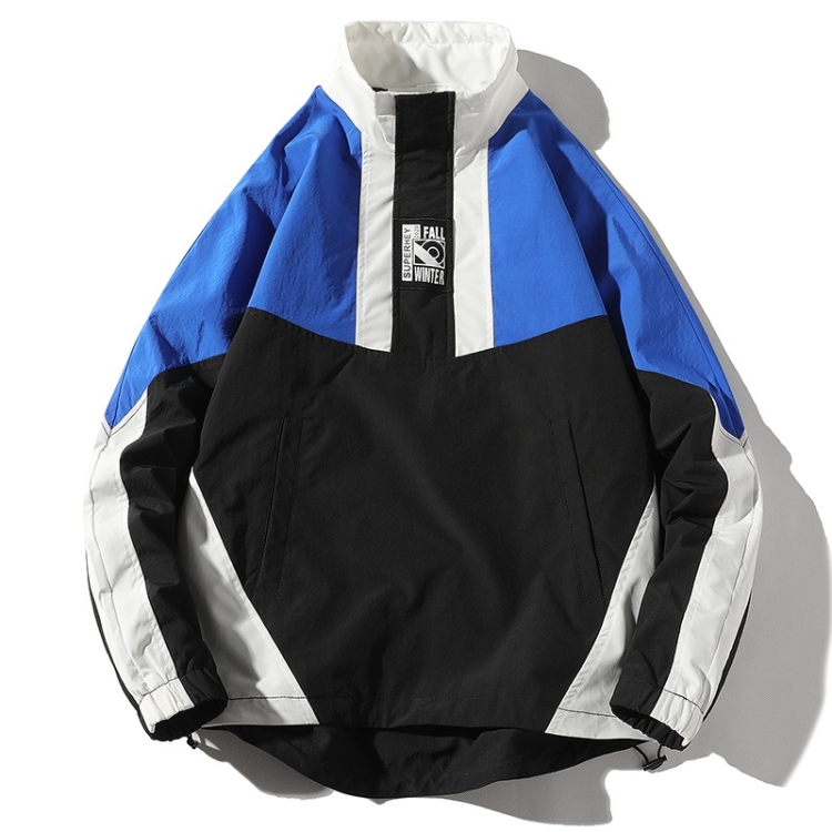 Color Matching Printed Stand Collar Pullover Casual Jacket for Men (Color:Blue Size:XXXL)