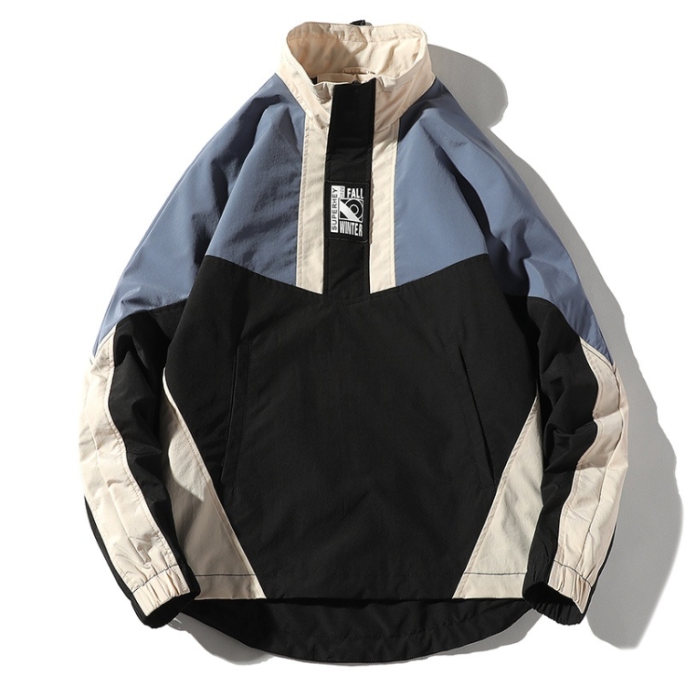 Color Matching Printed Stand Collar Pullover Casual Jacket for Men(Color:Grey Blue Size:XXL)