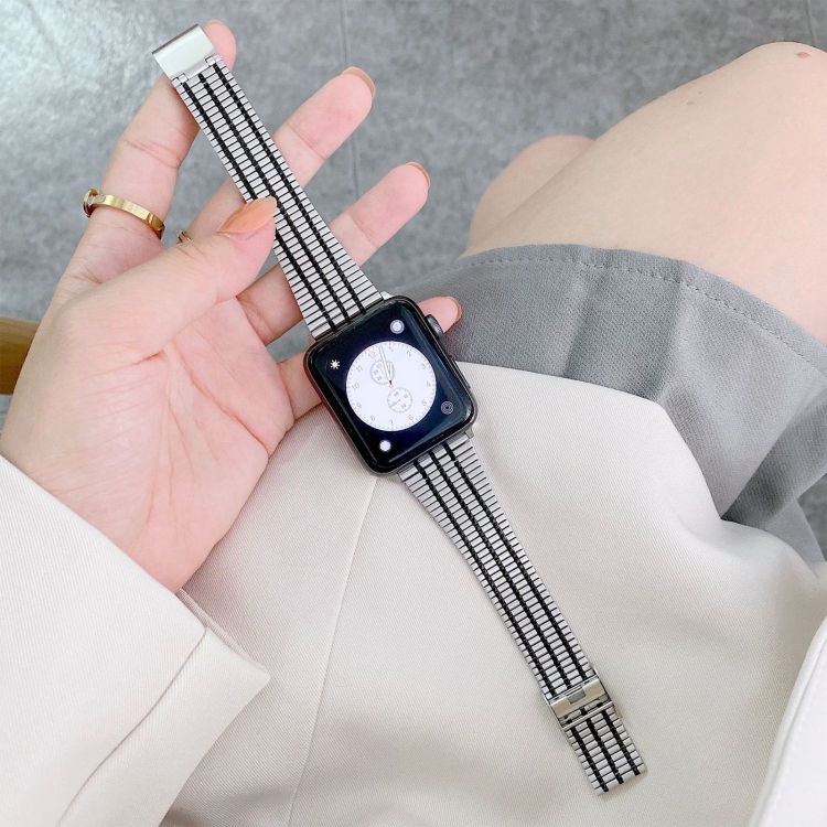 Color Matching Seven Beads Steel Watch Band For Apple Watch Series 9&8&7 41mm / SE 3&SE 2&6&SE&5&4 40mm / 3&2&1 38mm(Silver Black)