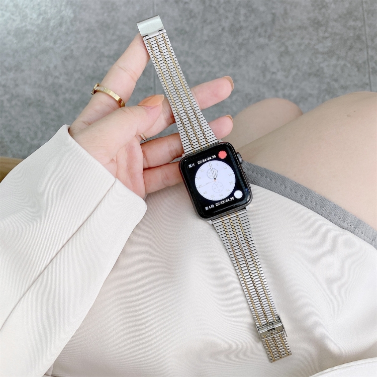 Color Matching Seven Beads Steel Watch Band For Apple Watch Ultra 49mm&Watch Ultra 2 49mm / Series 9&8&7 45mm / SE 3&SE 2&6&SE&5&4 44mm / 3&2&1 42mm(Silver Gold)