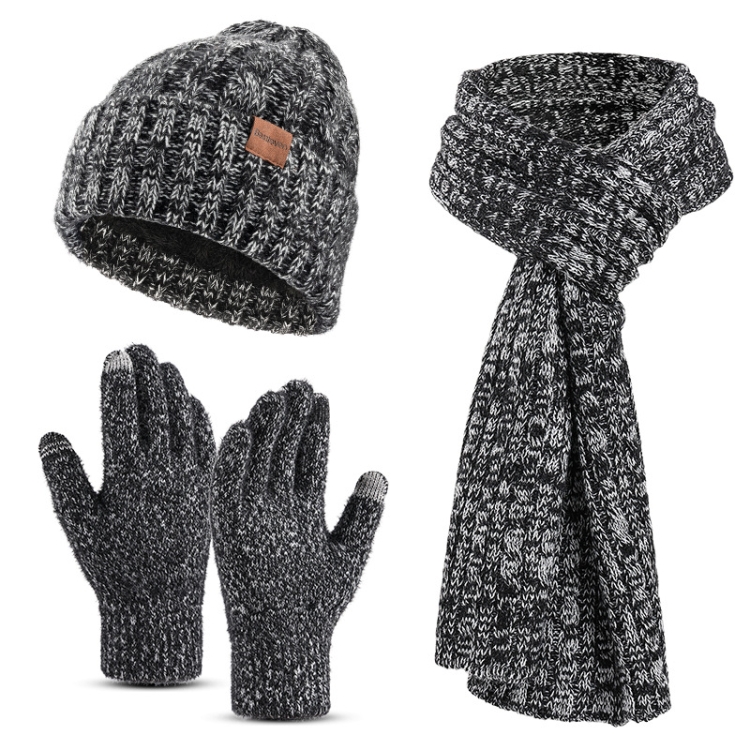 Couple Winter Hat Scarf Gloves 3 In 1 Set Thick Wool Knitted Warm Set(Black)