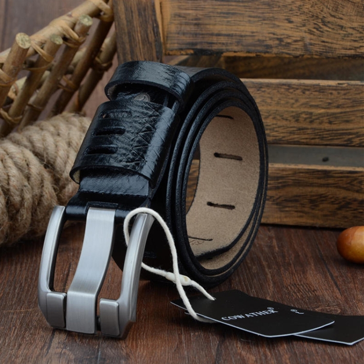 COWATHER QSK001 Men Casual Fashion Two-Layer Leather Pin Buckle Belt, Length： 120cm(Black)