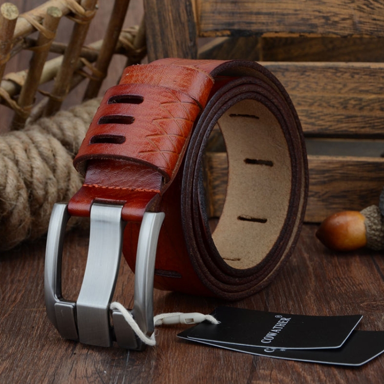 COWATHER QSK001 Men Casual Fashion Two-Layer Leather Pin Buckle Belt, Length： 125cm(Brown)
