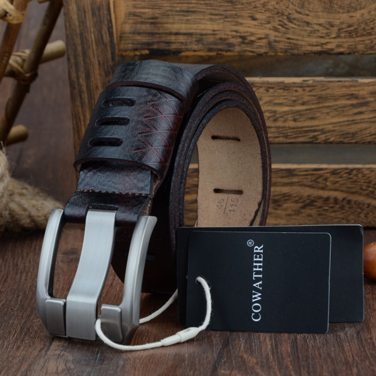 COWATHER QSK001 Men Casual Fashion Two-Layer Leather Pin Buckle Belt, Length： 130cm(Coffee Color)