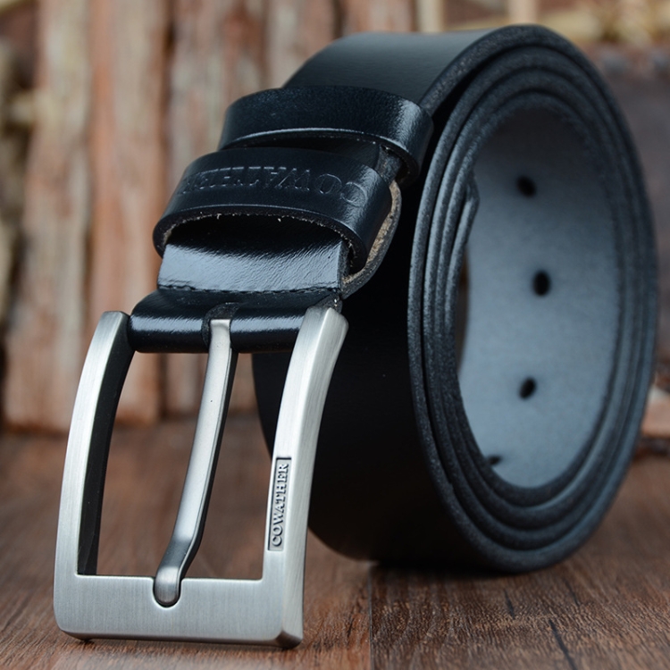 COWATHER XF004 Men Two-Layer Cowhide Business Casual Pin Buckle Belt, Length (cm): 105cm(Silver Buckle Black)
