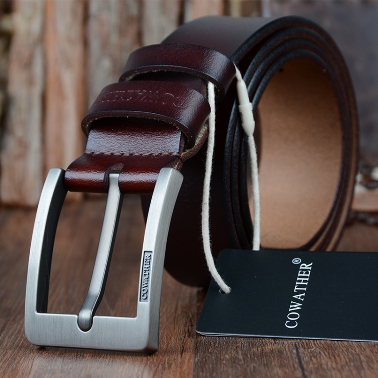 COWATHER XF004 Men Two-Layer Cowhide Business Casual Pin Buckle Belt, Length (cm): 125cm(Silver Buckle Coffee Color)
