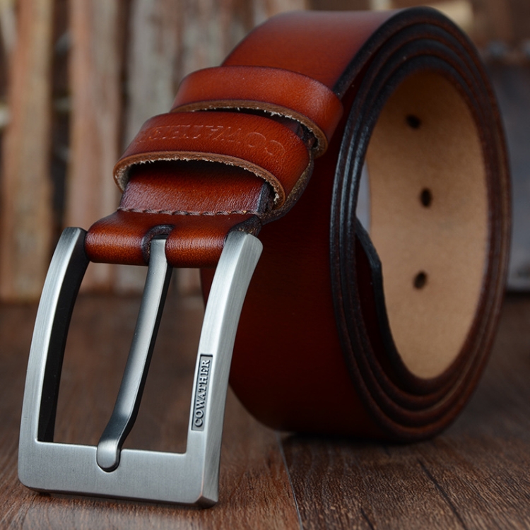 COWATHER XF004 Men Two-Layer Cowhide Business Casual Pin Buckle Belt, Length (cm): 130cm(Silver Buckle Brown)