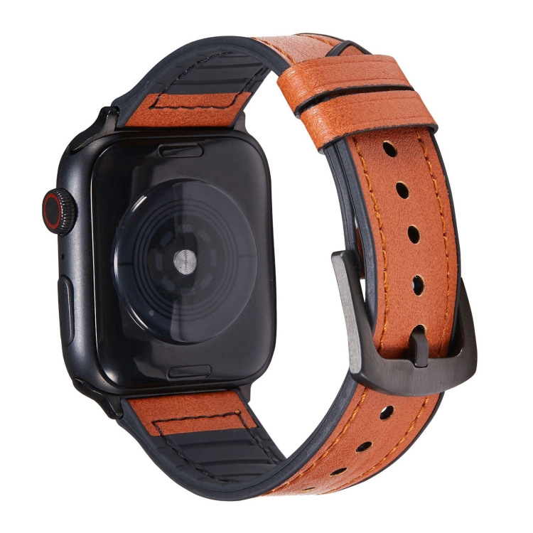 Crazy Horse Texture Leather Watch Band For Apple Watch Ultra 49mm&Watch Ultra 2 49mm / Series 9&8&7 45mm / SE 3&SE 2&6&SE&5&4 44mm / 3&2&1 42mm(Yellow Brown)