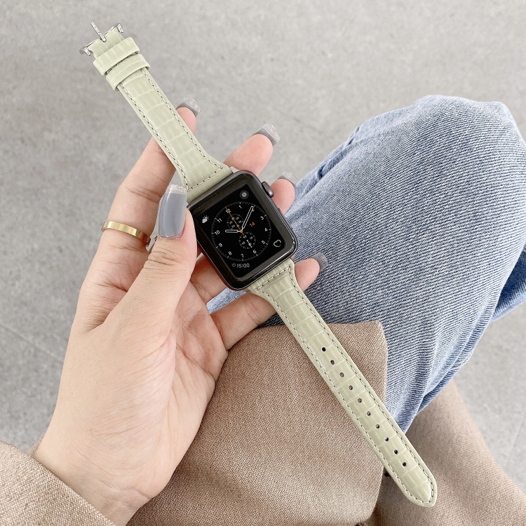 Crocodile Texture Leather Watch Band For Apple Watch Ultra 49mm&Watch Ultra 2 49mm / Series 9&8&7 45mm / SE 3&SE 2&6&SE&5&4 44mm / 3&2&1 42mm(Bean Paste Green)